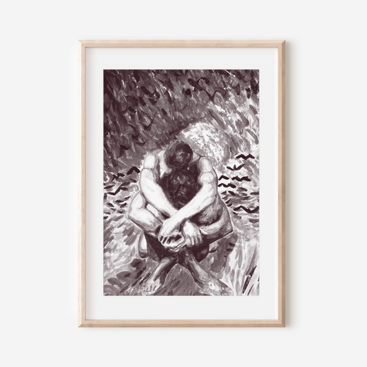Framed artwork of a person sitting on a rock with waves in the background.