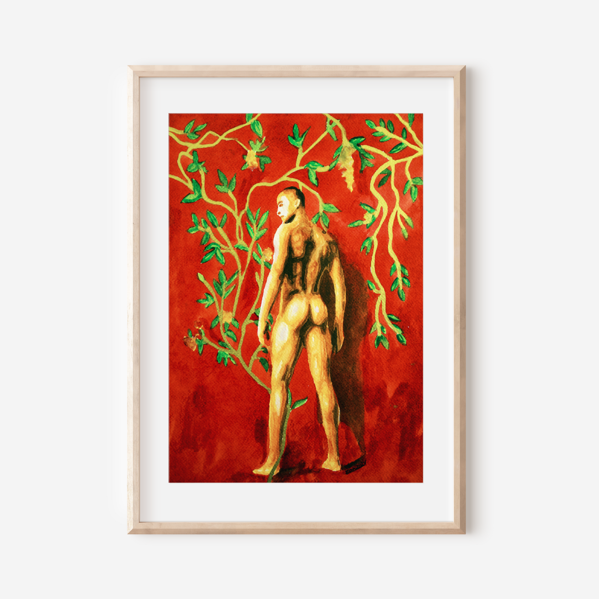 Framed artwork of a nude figure with green vines on a red background
