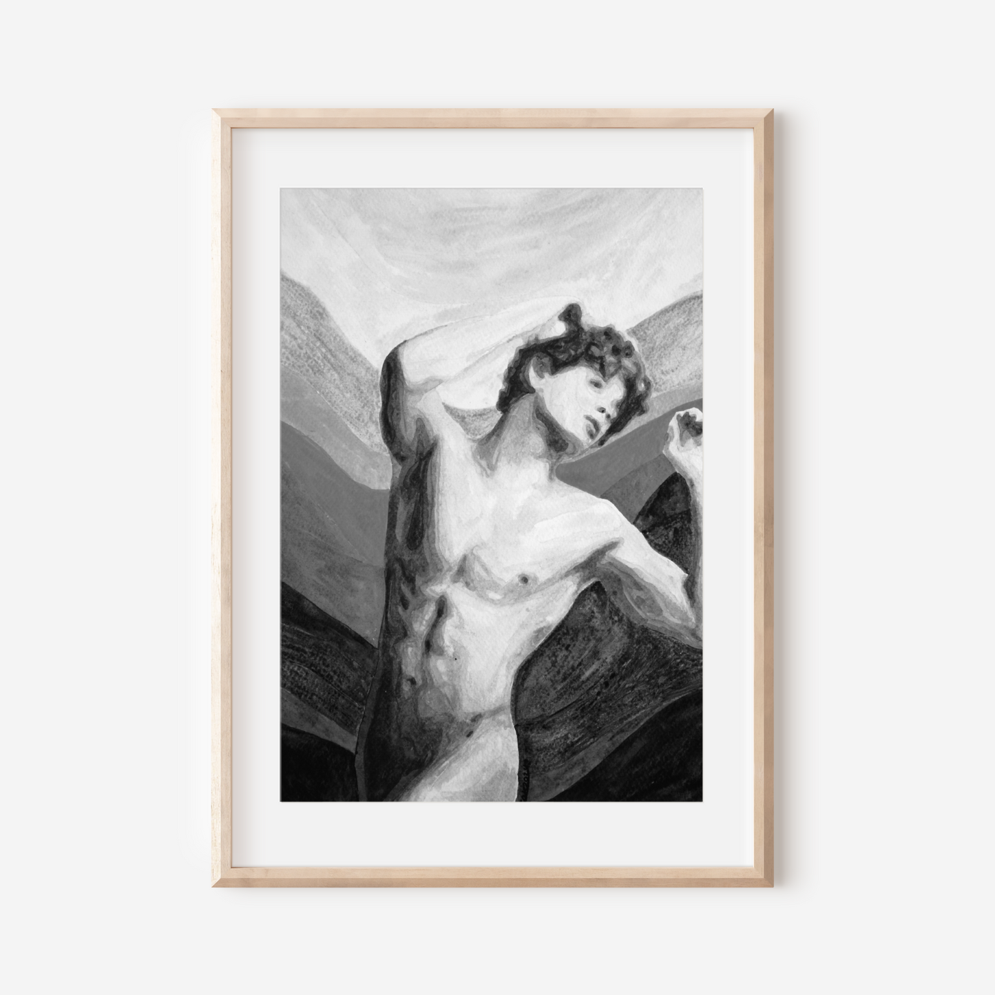 Black and white watercolor painting of a nude young man holding his red hair, with layered gray-toned background symbolizing the rainbow, expressing queer identity and emotional strength. Original Zak Pop Art.