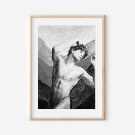 Black and white watercolor painting of a nude young man holding his red hair, with layered gray-toned background symbolizing the rainbow, expressing queer identity and emotional strength. Original Zak Pop Art.