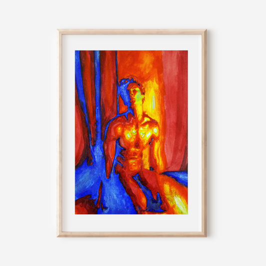 Watercolor painting of a beautiful nude man kneeling, depicted with a harmonious blend of warm amber and cool blue tones, expressing queer grace, strength, and vulnerability. Original Zak Pop Art