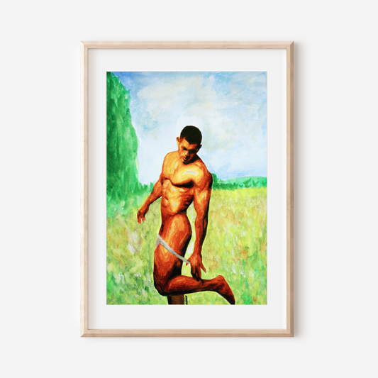 Watercolor of a nude man lifting one leg to remove underwear in a green field, painted in an impressionist style inspired by Monet.