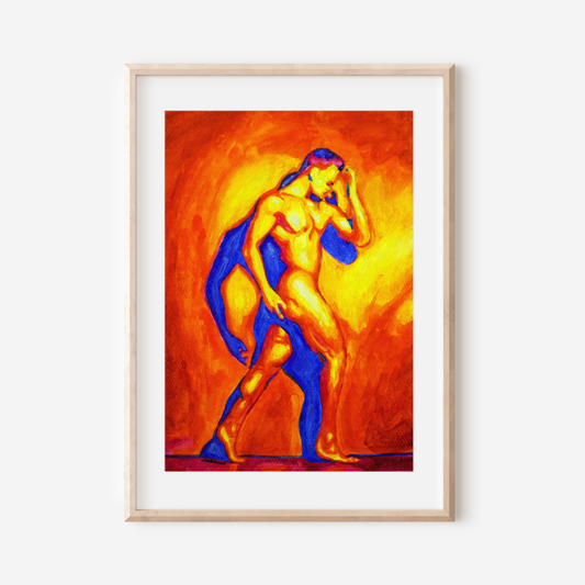 Framed artwork of a nude figure with a vibrant orange and blue background.
