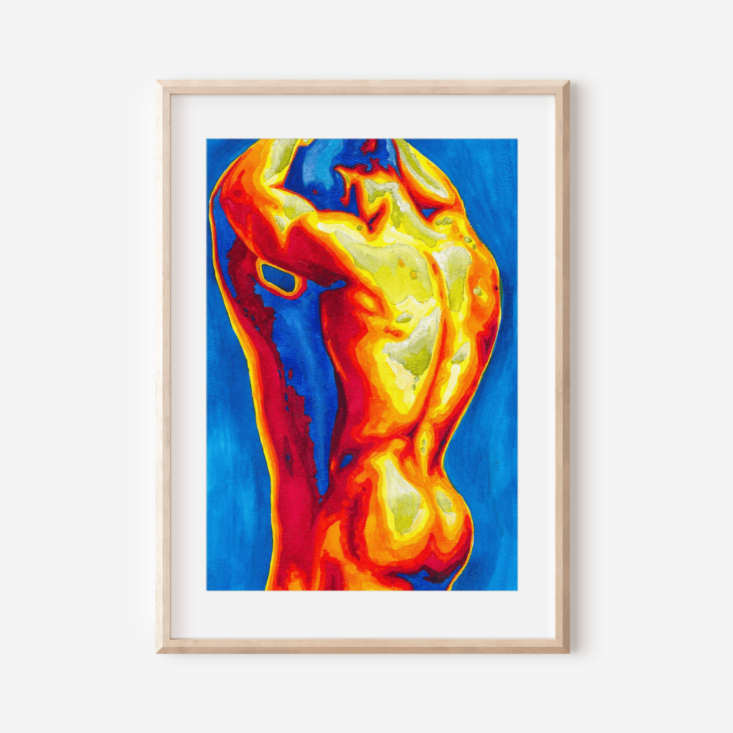 Framed abstract artwork with vibrant colors on a white wall