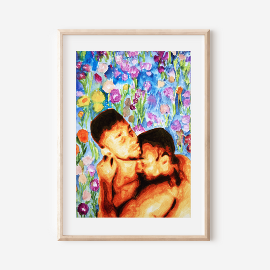 Watercolor painting of two gay men embracing nude from the waist up, in a soft romantic hug. Behind them is floral wallpaper in gold and rose tones, symbolizing elegance and queer intimacy.