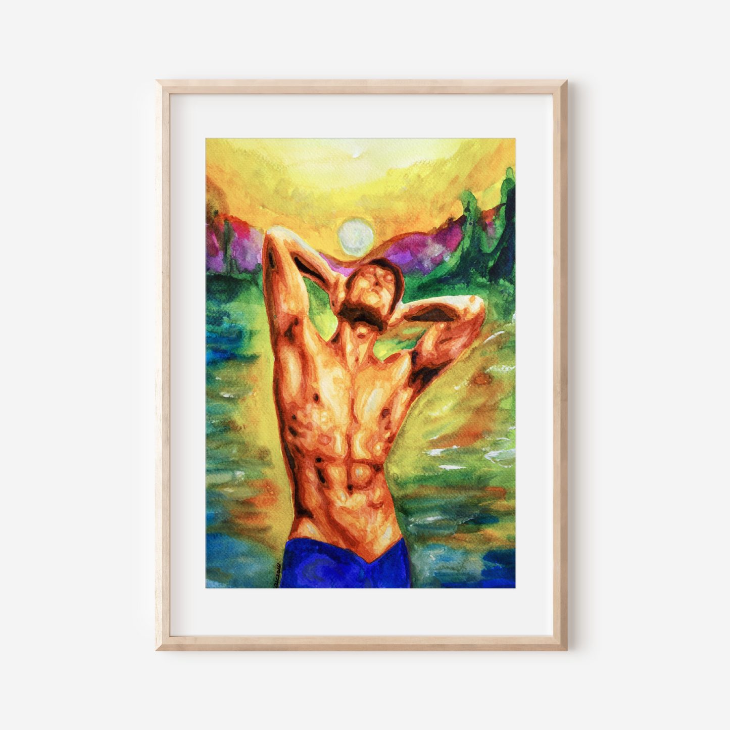Framed artwork of a shirtless man with blue shorts against a colorful background.