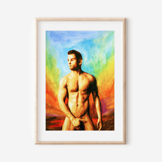 Watercolor painting of a muscular nude man with hands modestly covering himself, standing under a rainbow sky, symbolizing pride, strength, and vulnerability. Original Zak Pop Art.