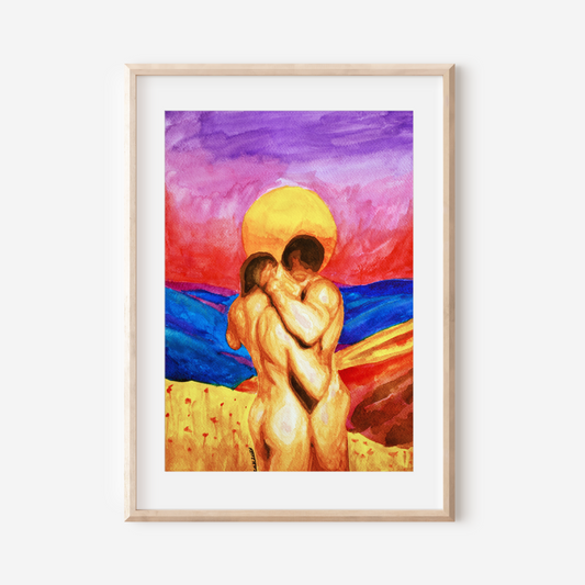 Watercolor painting of two nude men embracing as one, with a large orange-yellow sun setting behind them and soft blue hills in the distance, symbolizing queer unity and emotional peace. Original Zak Pop Art.
