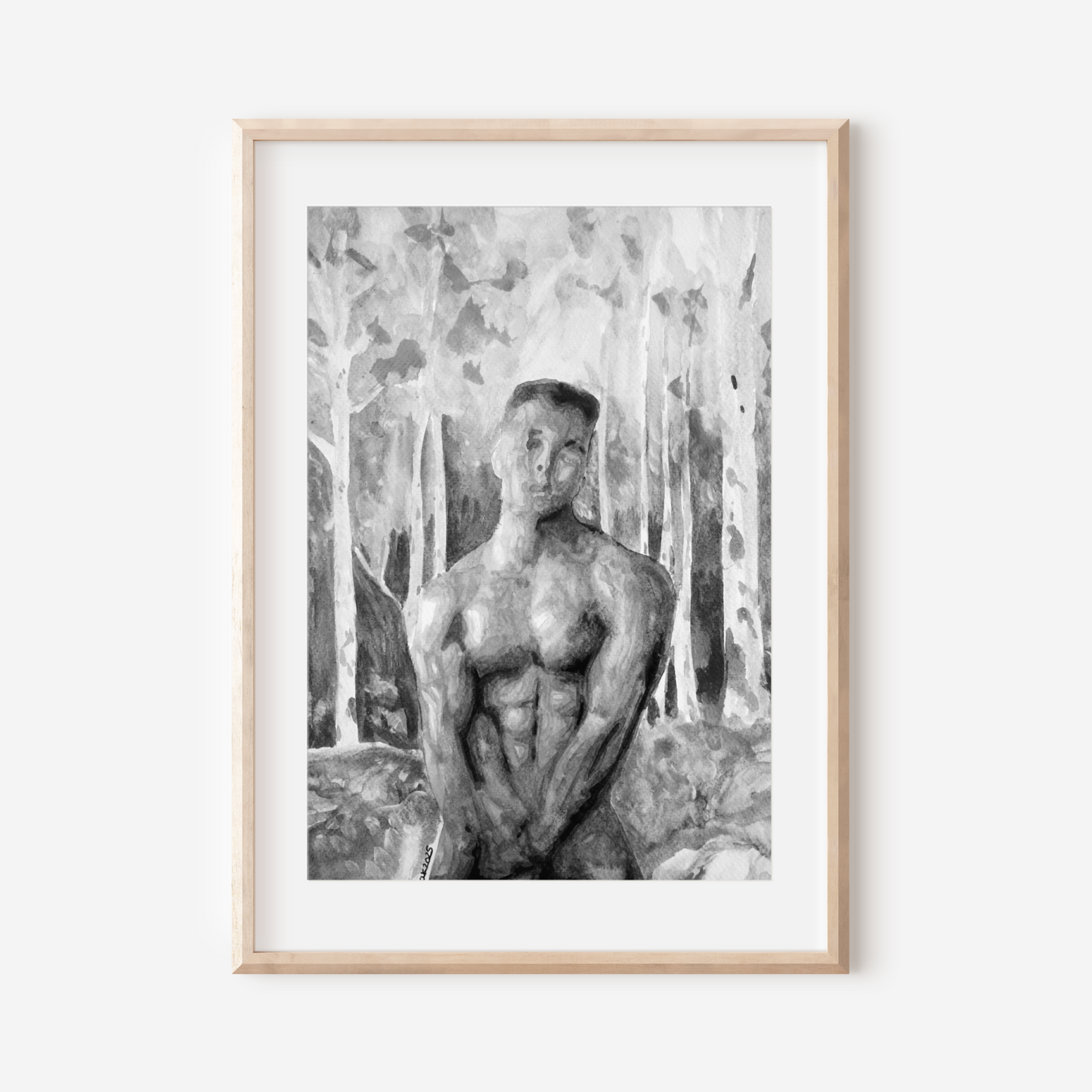 
Black and white watercolor painting of a muscular nude man in a misty forest, covering his genitals with one hand and looking directly at the viewer. Queer male figure art by Zak Pop Art.