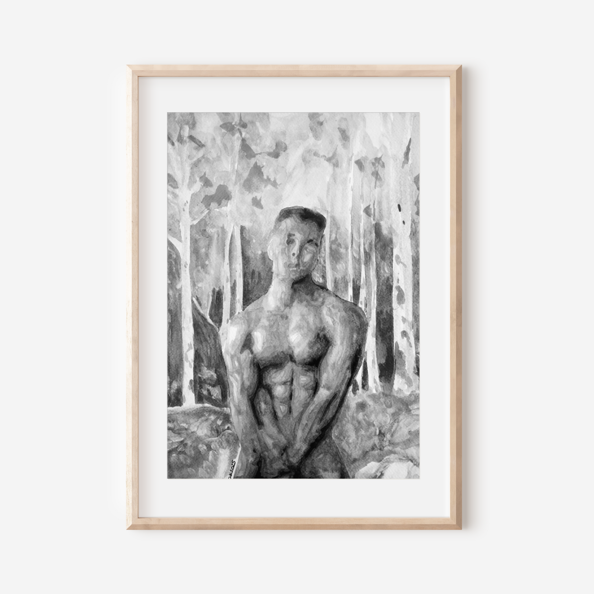 
Black and white watercolor painting of a muscular nude man in a misty forest, covering his genitals with one hand and looking directly at the viewer. Queer male figure art by Zak Pop Art.