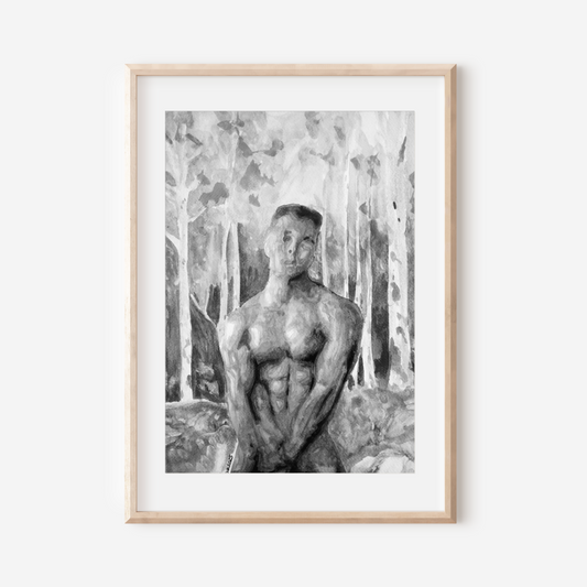 
Black and white watercolor painting of a muscular nude man in a misty forest, covering his genitals with one hand and looking directly at the viewer. Queer male figure art by Zak Pop Art.