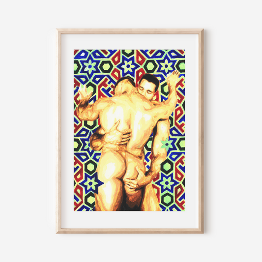 Framed artwork of two nude figures against a colorful geometric pattern on a white wall.