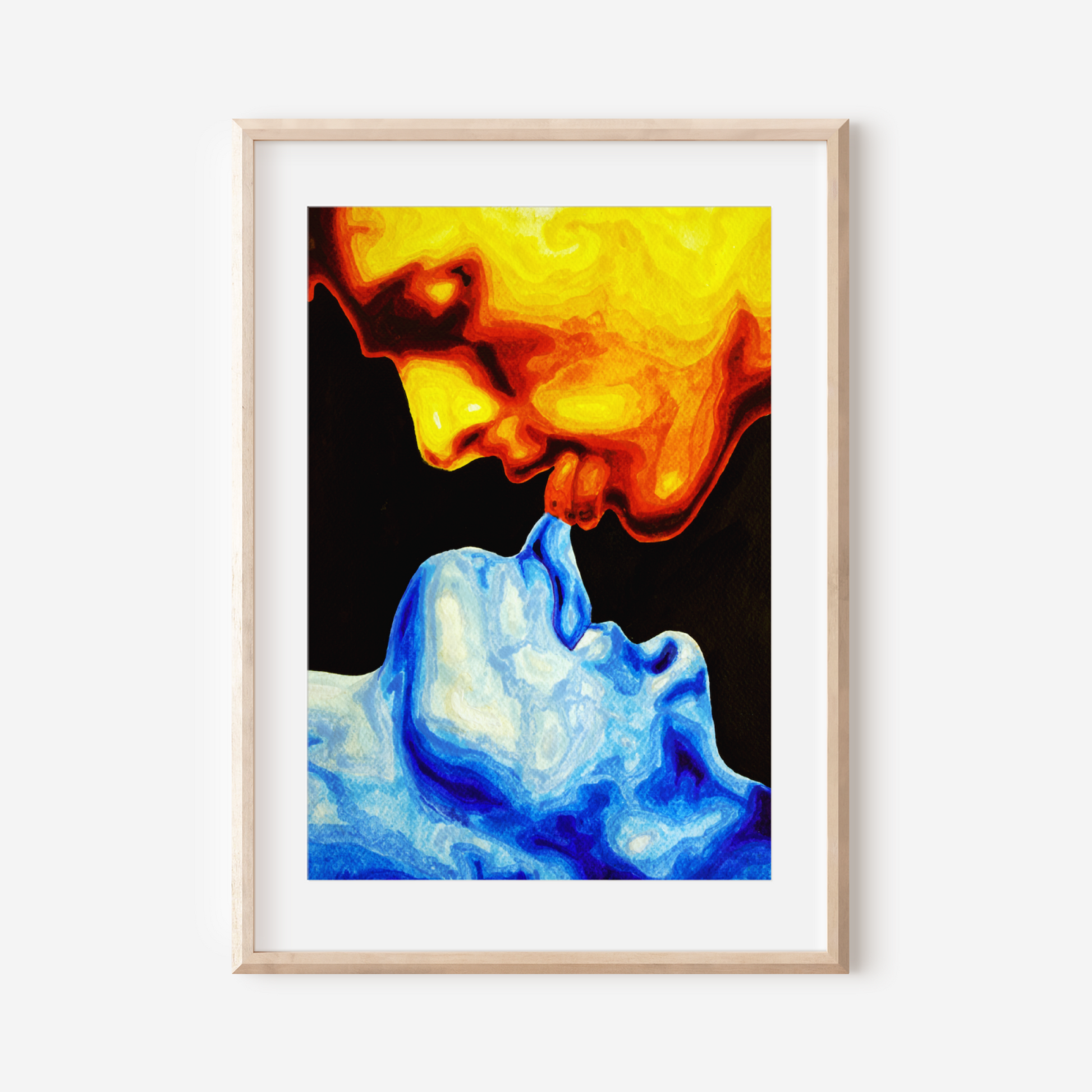 Framed artwork of a face with orange and blue smoke on a white wall