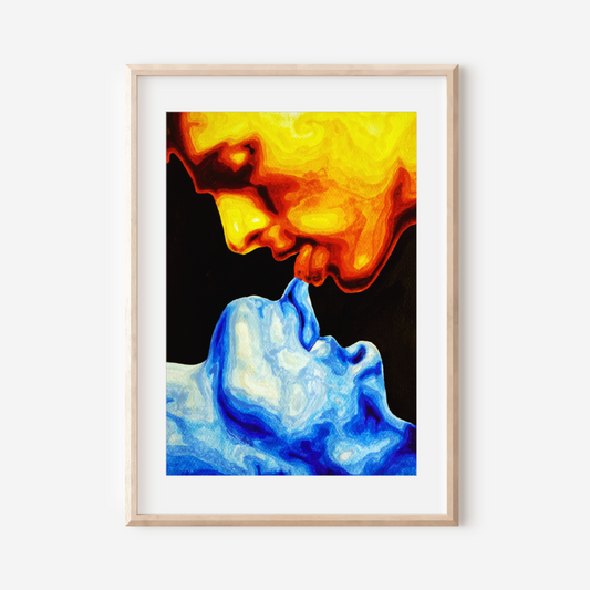Framed artwork of a face with orange and blue smoke on a white wall