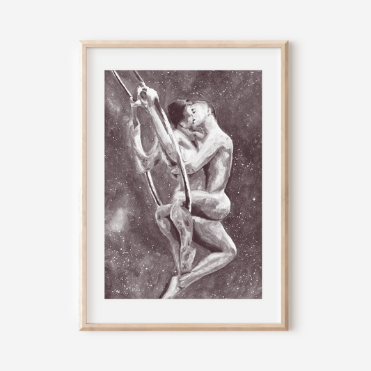 Framed artwork of a person climbing a rope on a white wall