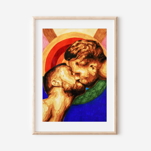 Framed artwork of two figures embracing with a colorful background on a white wall.