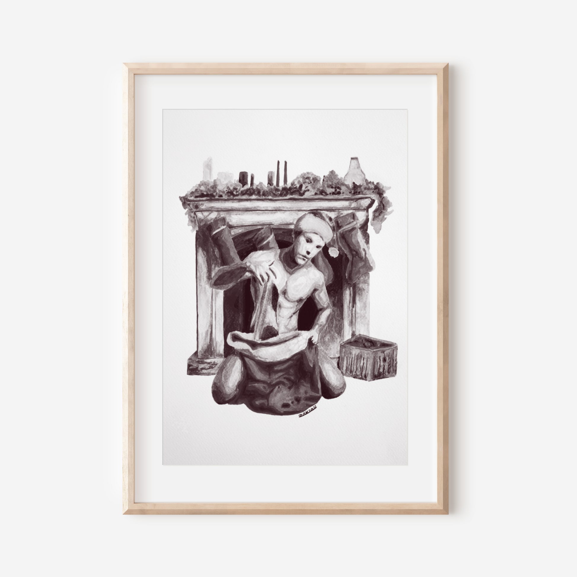 Framed black and white artwork of a woman by a fireplace on a white wall.
