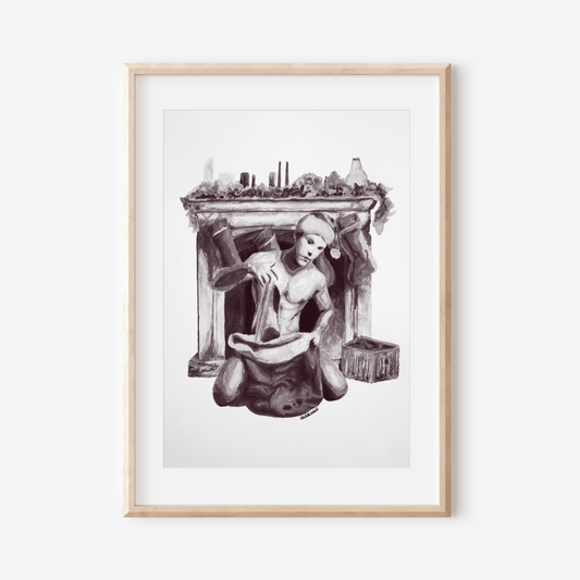 Framed black and white artwork of a woman by a fireplace on a white wall.