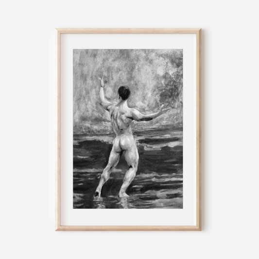 Framed artwork of a nude figure in water on a white wall