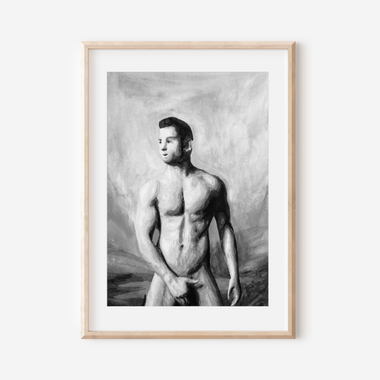 Black and white watercolor painting of a muscular nude man covering himself with his hands, standing beneath a moody sky, symbolizing queer strength, modesty, and emotional presence. Original Zak Pop Art.