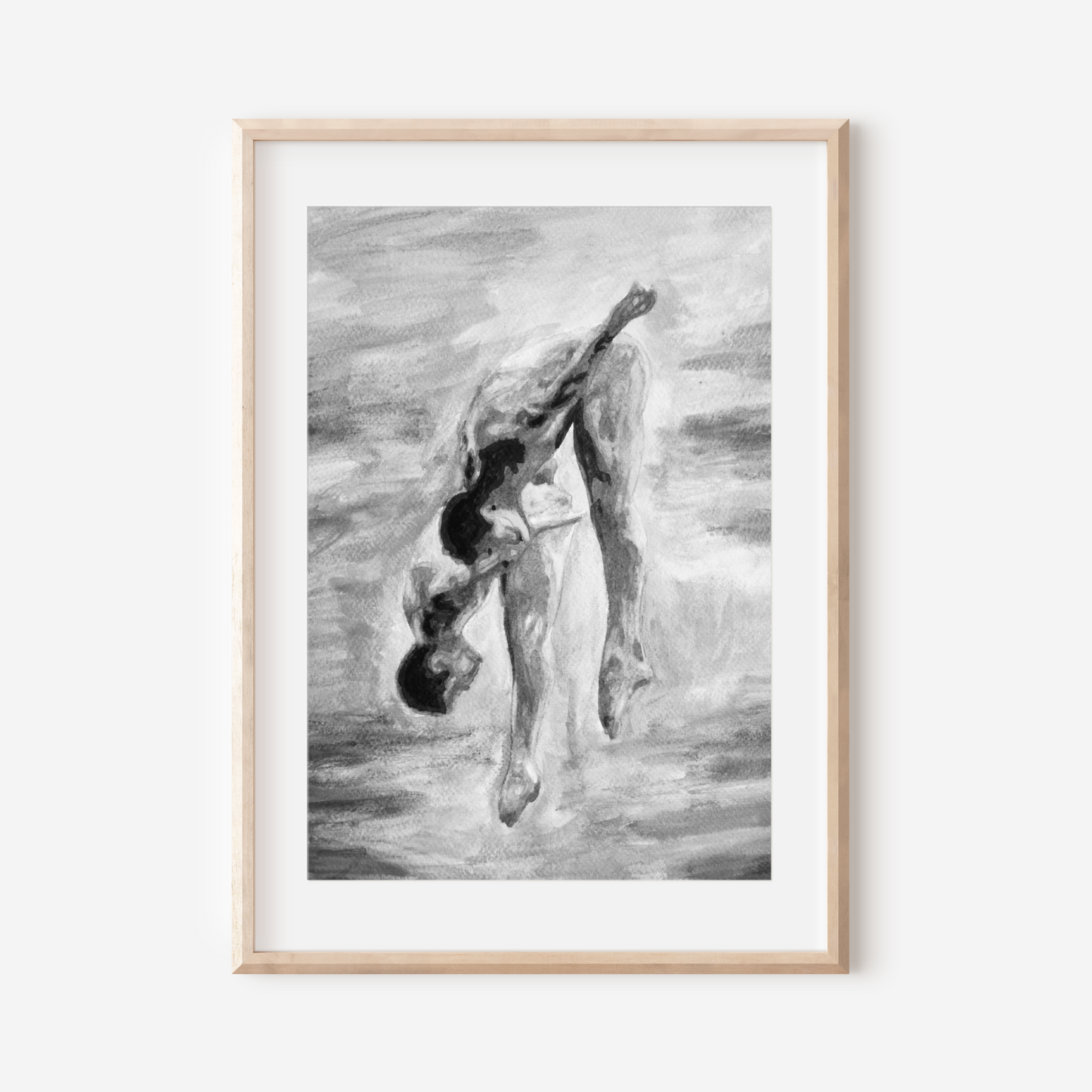 Black and white watercolor of two nude men jumping into water, viewed from behind, grayscale tones with expressive splashes and sky.