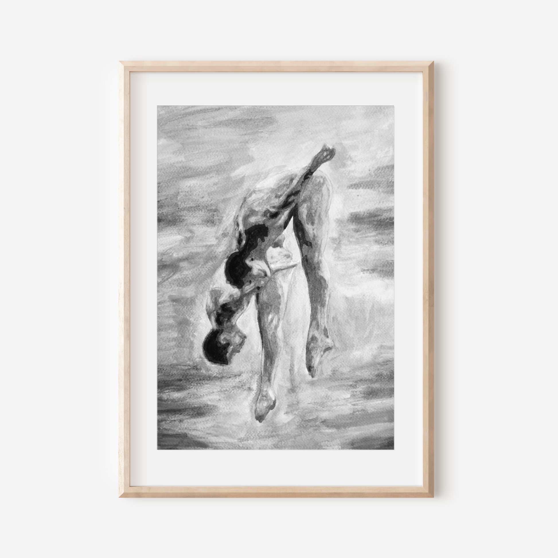 Black and white watercolor of two nude men jumping into water, viewed from behind, grayscale tones with expressive splashes and sky.