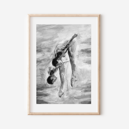 Black and white watercolor of two nude men jumping into water, viewed from behind, grayscale tones with expressive splashes and sky.