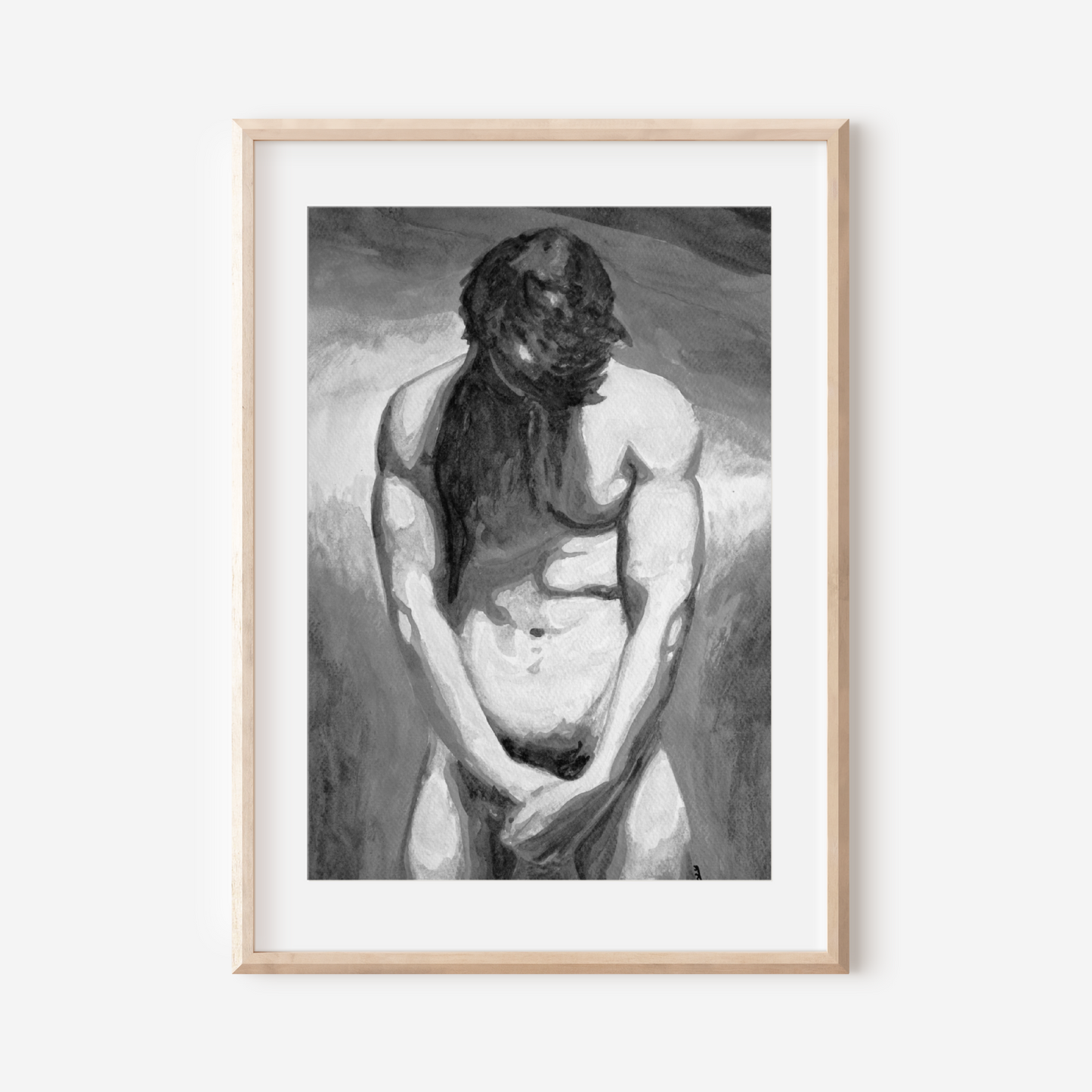 Framed artwork of a nude figure with long hair on a white wall