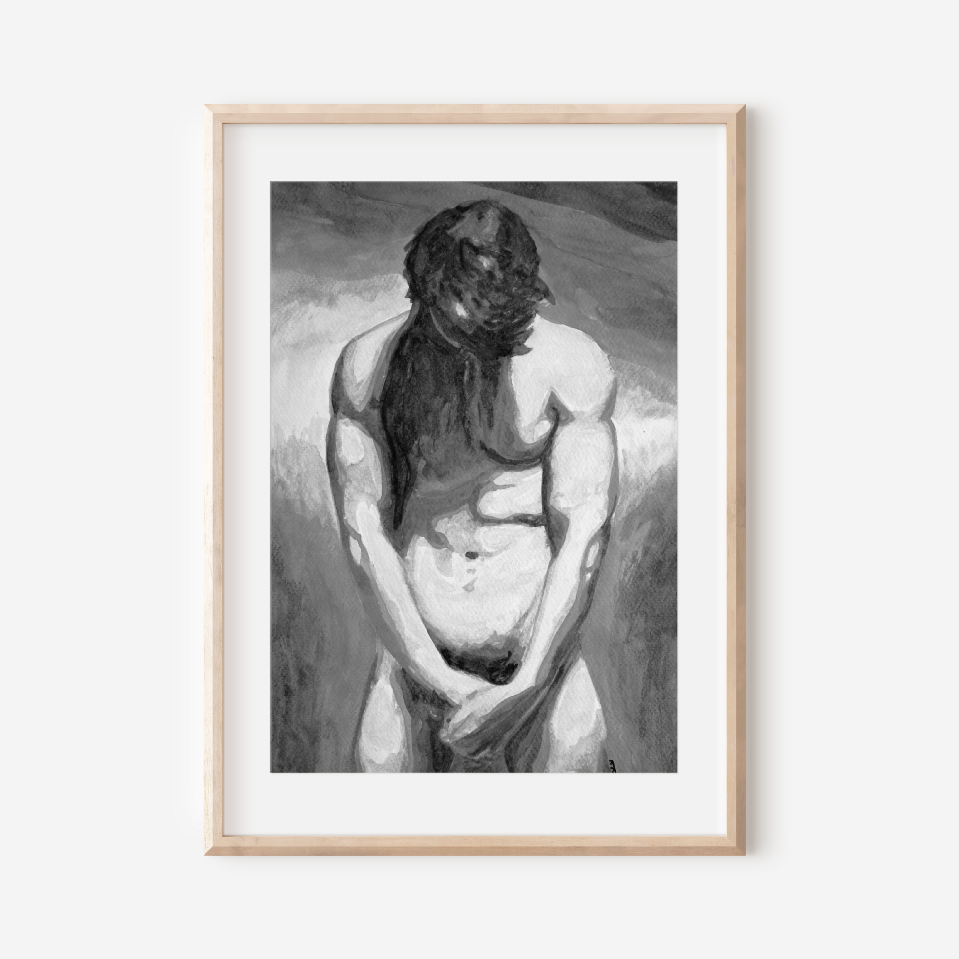 Framed artwork of a nude figure with long hair on a white wall