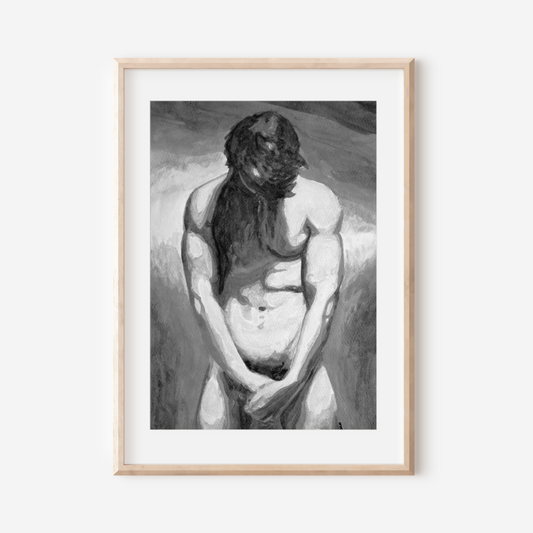 Framed artwork of a nude figure with long hair on a white wall