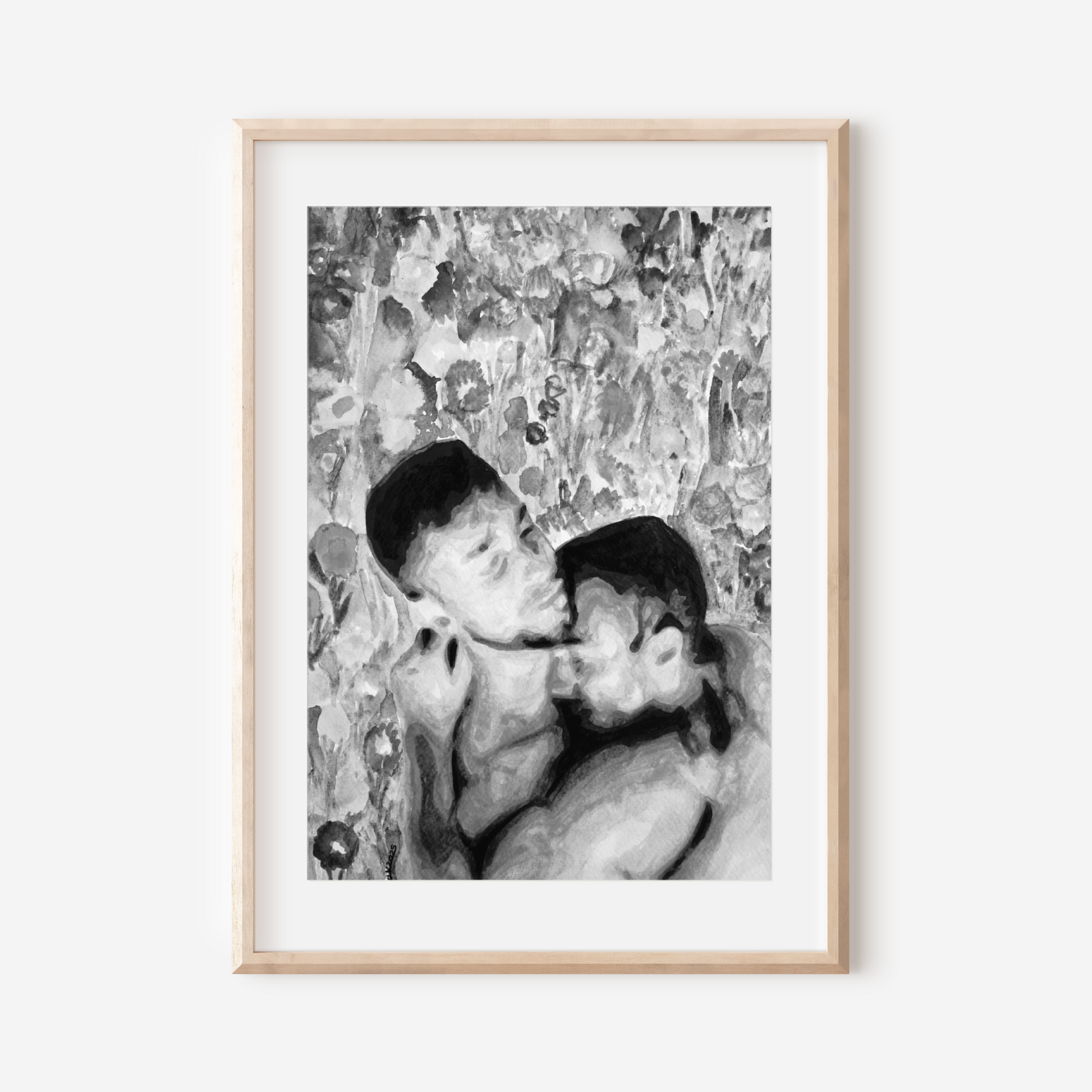 Black and white watercolor painting of two nude gay men embracing tenderly, shown from the waist up. Behind them is vintage floral wallpaper in grayscale, symbolizing queer intimacy and timeless elegance.