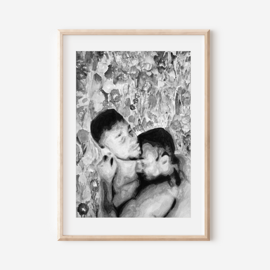 Black and white watercolor painting of two nude gay men embracing tenderly, shown from the waist up. Behind them is vintage floral wallpaper in grayscale, symbolizing queer intimacy and timeless elegance.