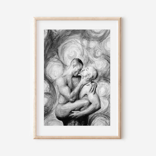 Framed black and white artwork of two people embracing on a white background