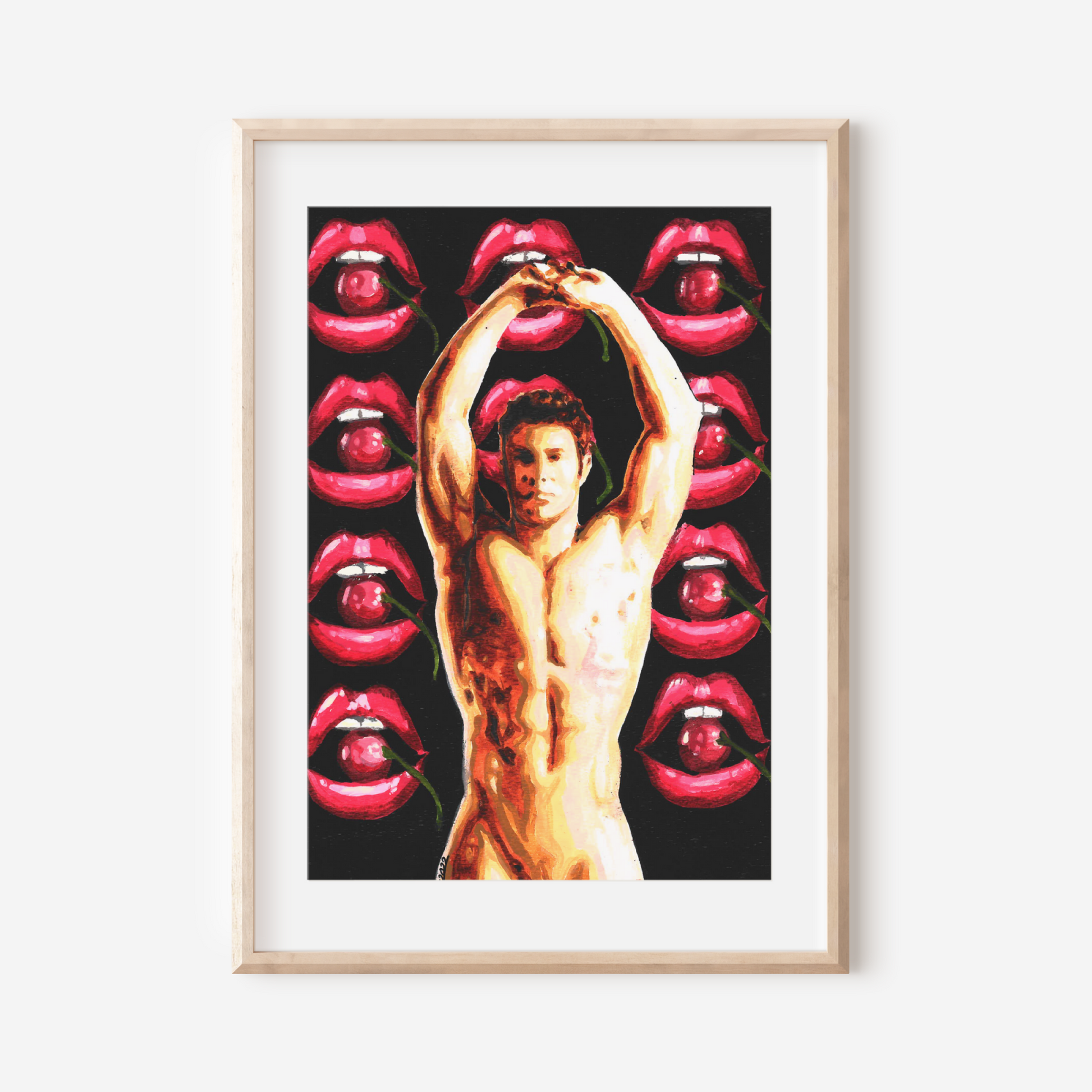 Framed artwork of a nude figure with red lips in the background on a white wall.