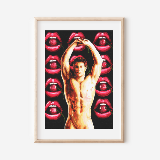 Framed artwork of a nude figure with red lips in the background on a white wall.