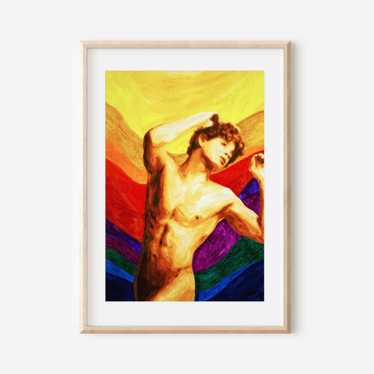 Watercolor painting of a nude young man with red hair holding it gently, with layered rainbow pride colors in the background, symbolizing queer beauty and vibrant identity. Original Zak Pop Art.