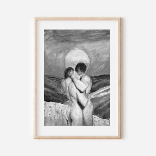 Black and white illustration of two nude muscular men embracing in front of a large setting sun with layered grayscale hills in the background; emotional and symbolic LGBTQ+ artwork.