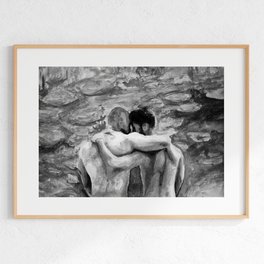 Black and white watercolor painting of two men from behind with arms around each other, looking at a soft landscape inspired by Monet.