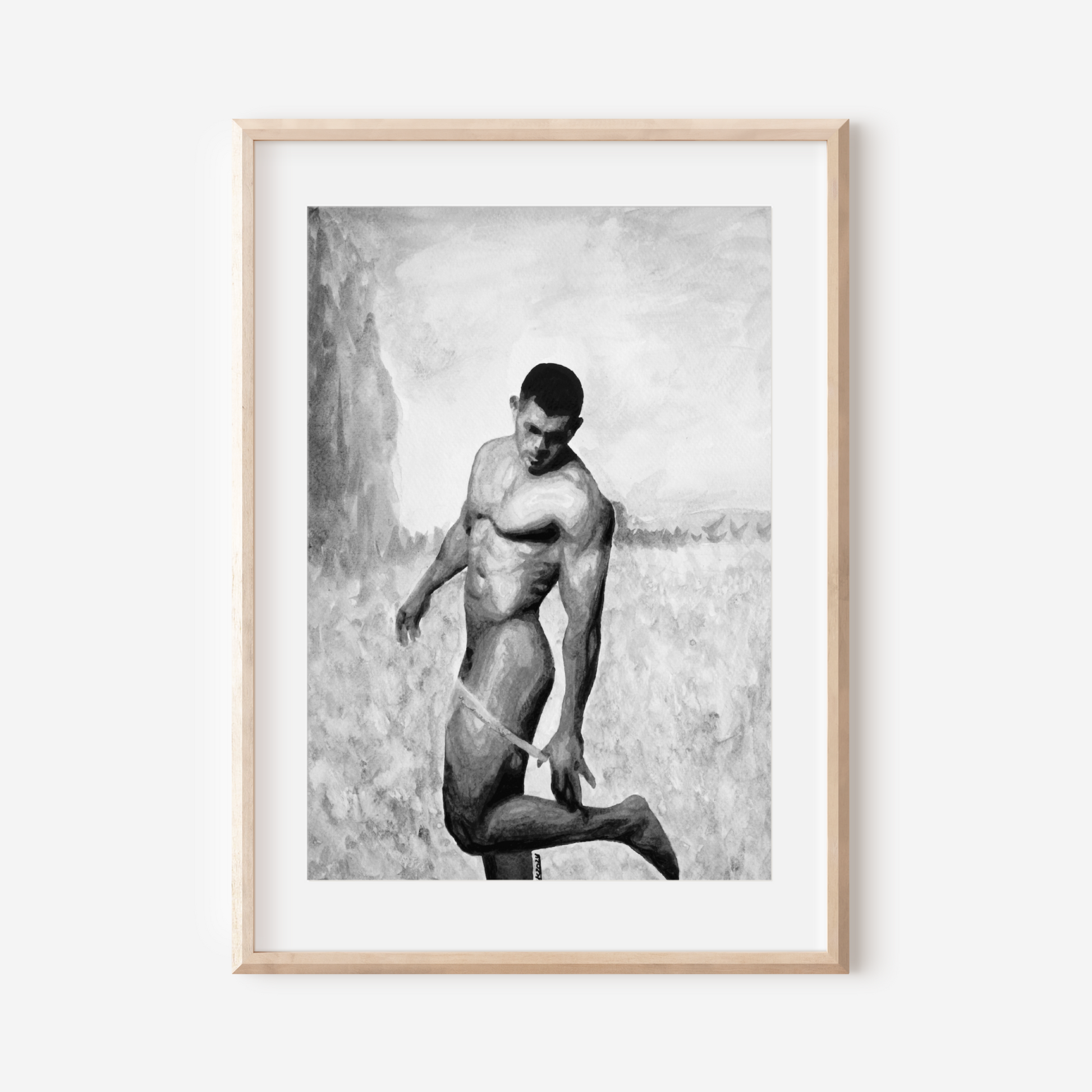 Black and white watercolor of a nude man lifting one leg to undress in a calm field, expressing movement, grace, and queer presence.