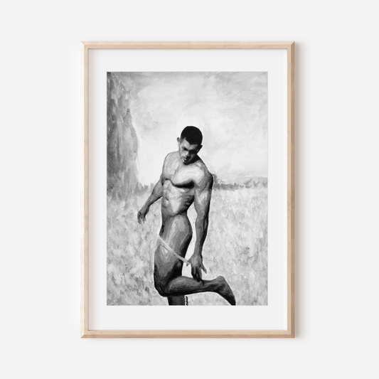 Black and white watercolor of a nude man lifting one leg to undress in a calm field, expressing movement, grace, and queer presence.