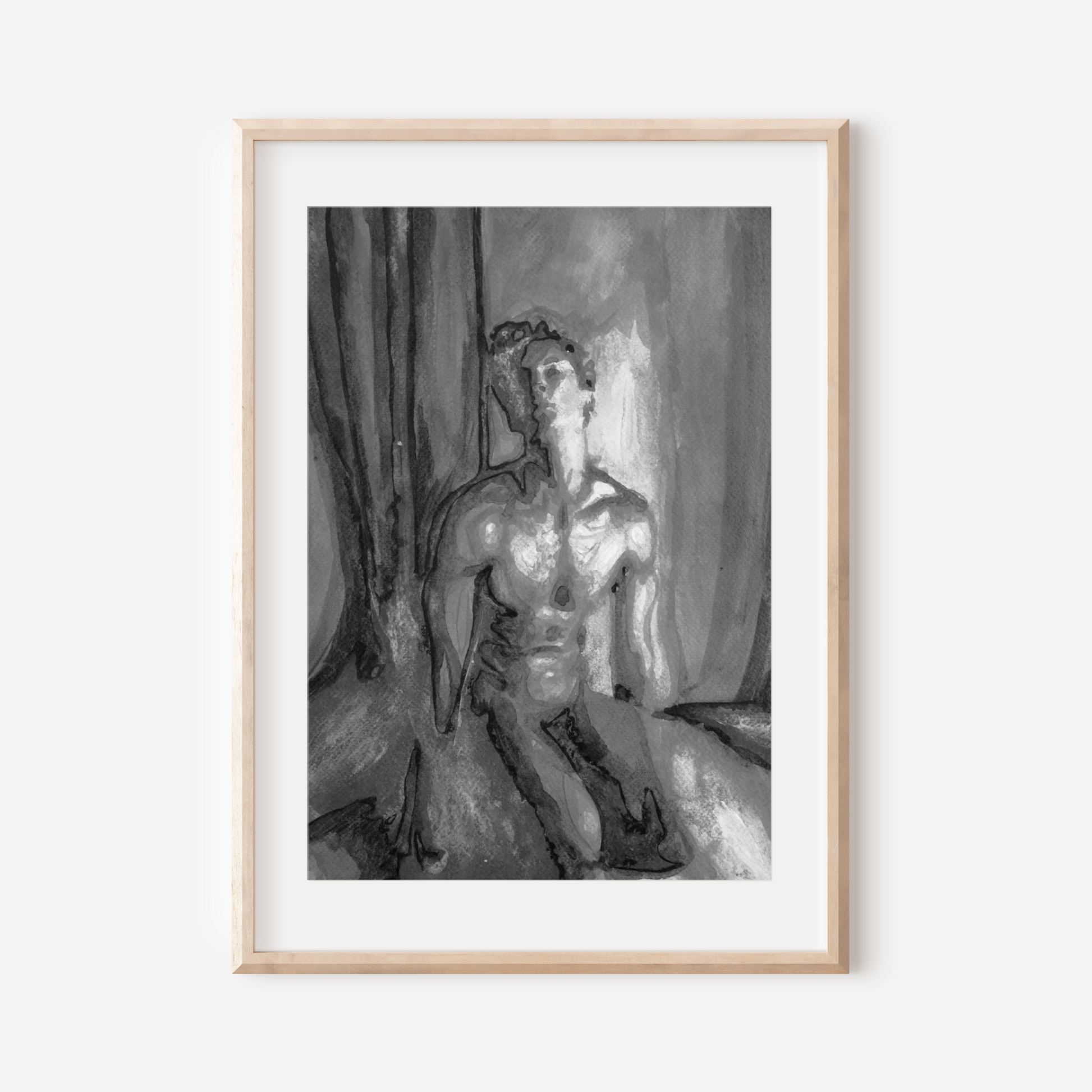 Black and white watercolor painting of a beautiful nude man kneeling, rendered with elegant contrasts and delicate shading, expressing queer grace and strength. Original Zak Pop Art.