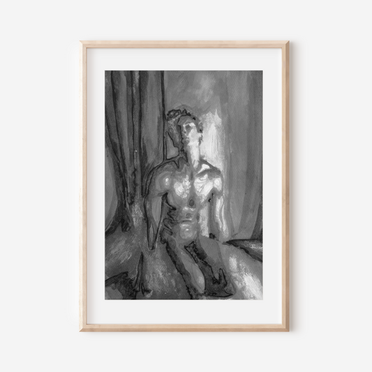 Black and white watercolor painting of a beautiful nude man kneeling, rendered with elegant contrasts and delicate shading, expressing queer grace and strength. Original Zak Pop Art.