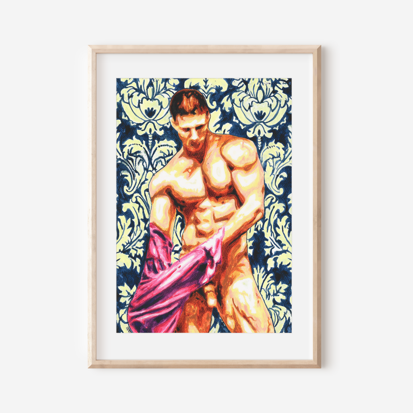 Framed artwork of a muscular figure with a decorative pattern on a white wall