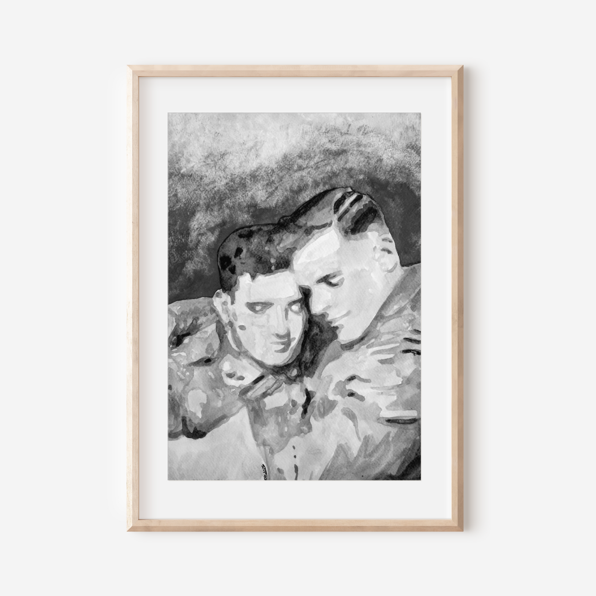 Black and white painting of two WWI soldiers in uniform sharing a tender, secret embrace. A grayscale tribute to queer love in wartime by Zak Pop Art.