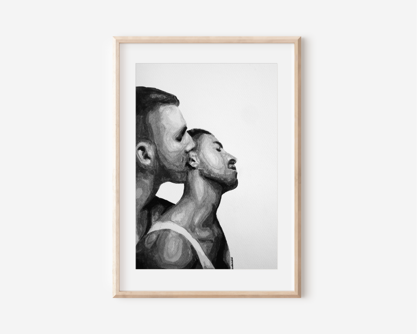 Gay Couple Neck Kiss Watercolor Art Print | Same Sex Couple Gift | Same Sex Marriage | Black & White | Engagement Party Gift | Gay Art Print