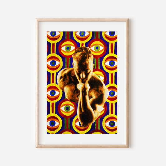Framed artwork with a colorful abstract design and a central figure on a white background
