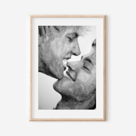Framed black and white artwork of two faces close together on a white background