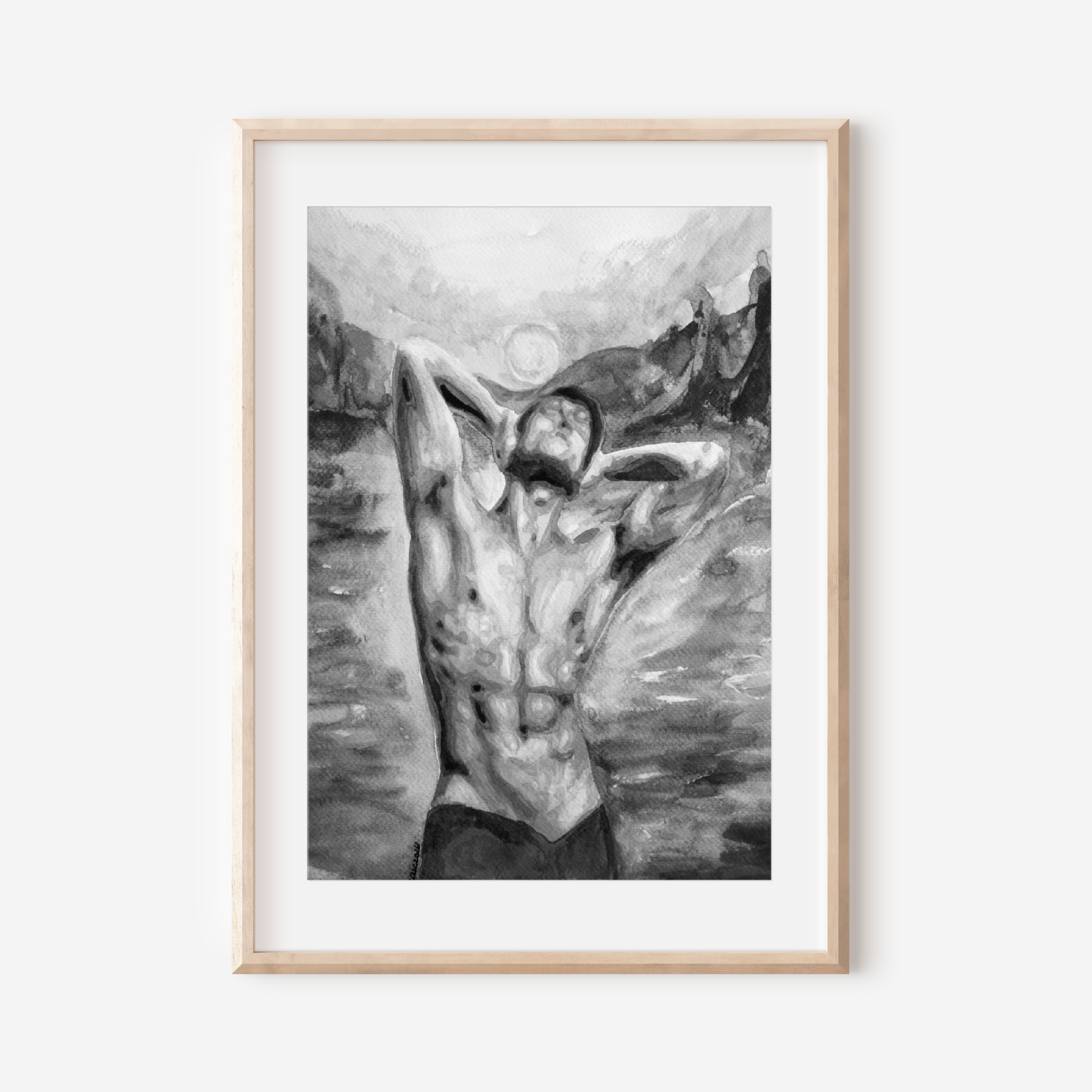 Framed black and white artwork of a nude figure against a mountainous background.