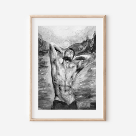 Framed black and white artwork of a nude figure against a mountainous background.