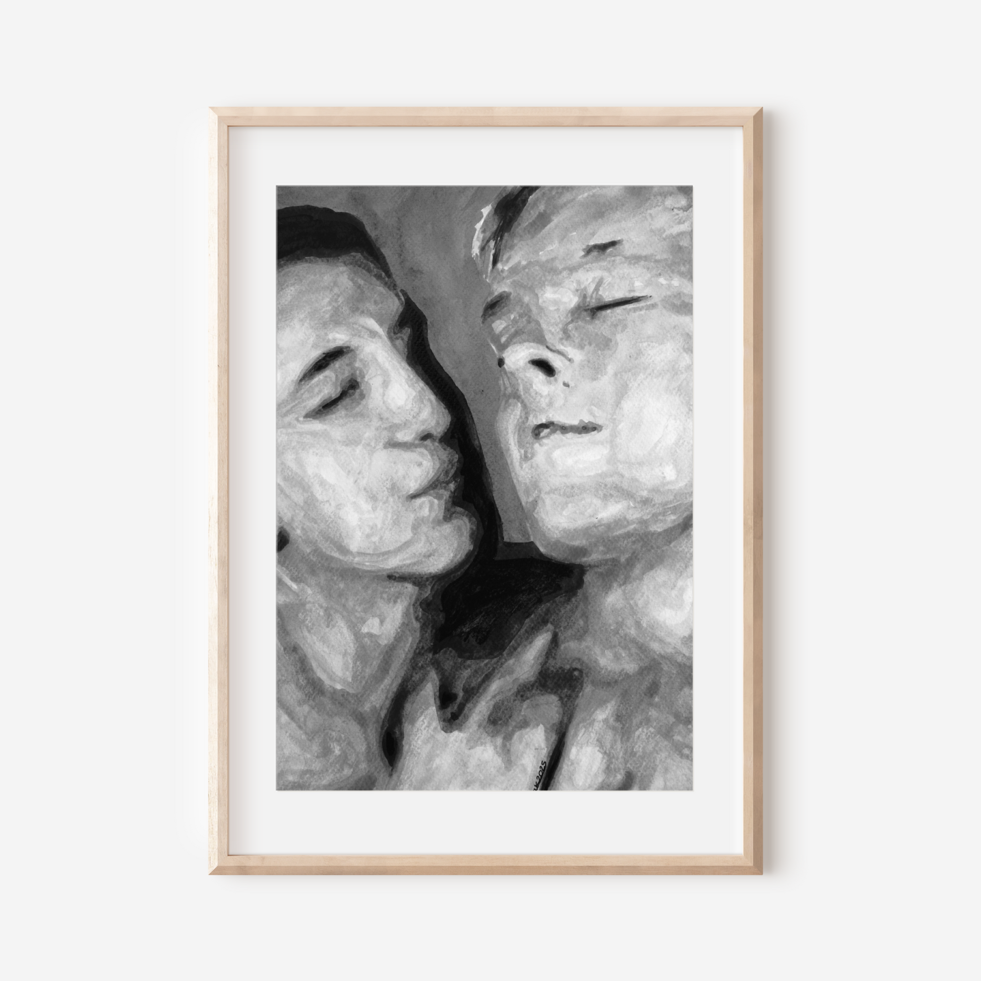Black and white watercolor painting of a gay couple, one gazing softly at the other, in a gentle romantic moment.